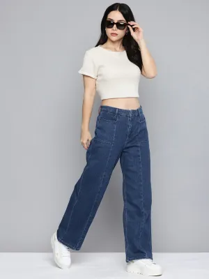 Women's Redloop Blue Mile High Wide Leg Fit High Rise Jeans Modern Outfit Neutral Daily Wear