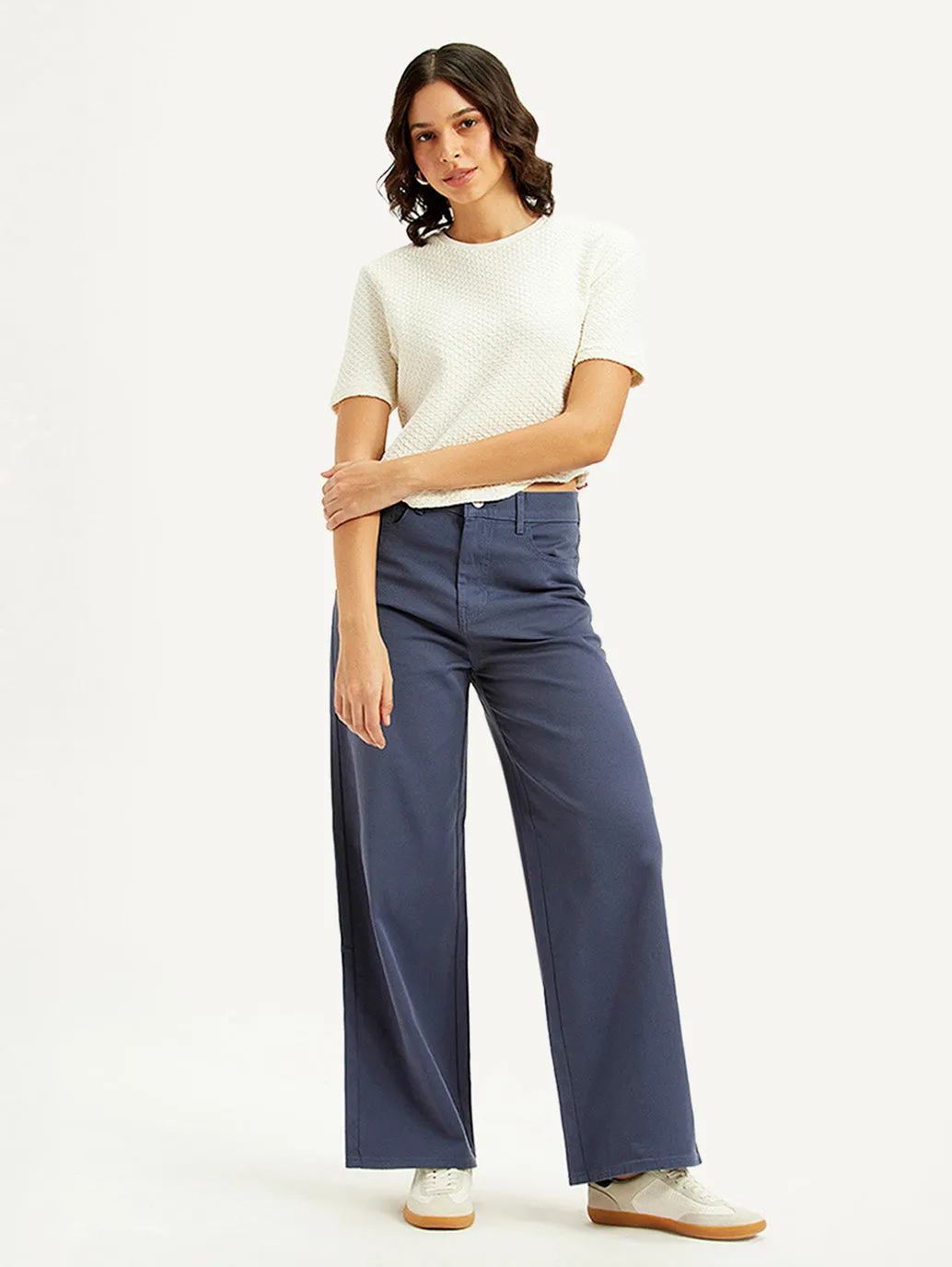 Core Wardrobe Water Efficient Wash Process Women's Navy Blue Vintage Chino Wideleg Fit High Rise Jeans