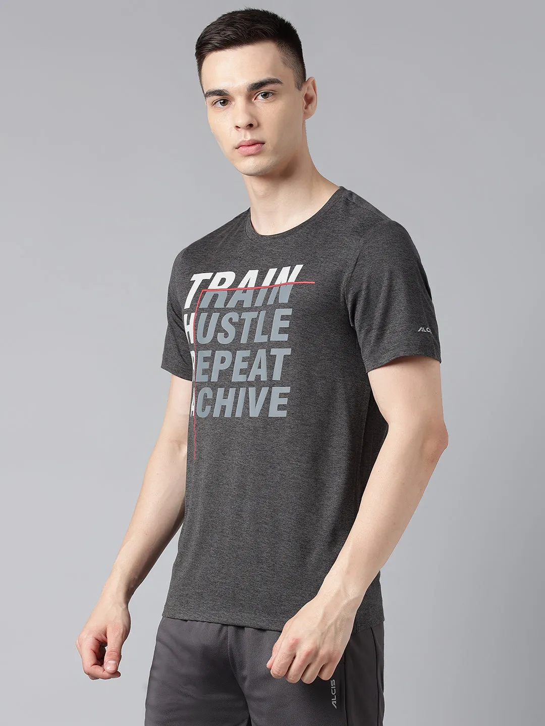 Alcis Men's Grey & Black Anti-Static Drytech  Slim-Fit Training Tee Photo Glam