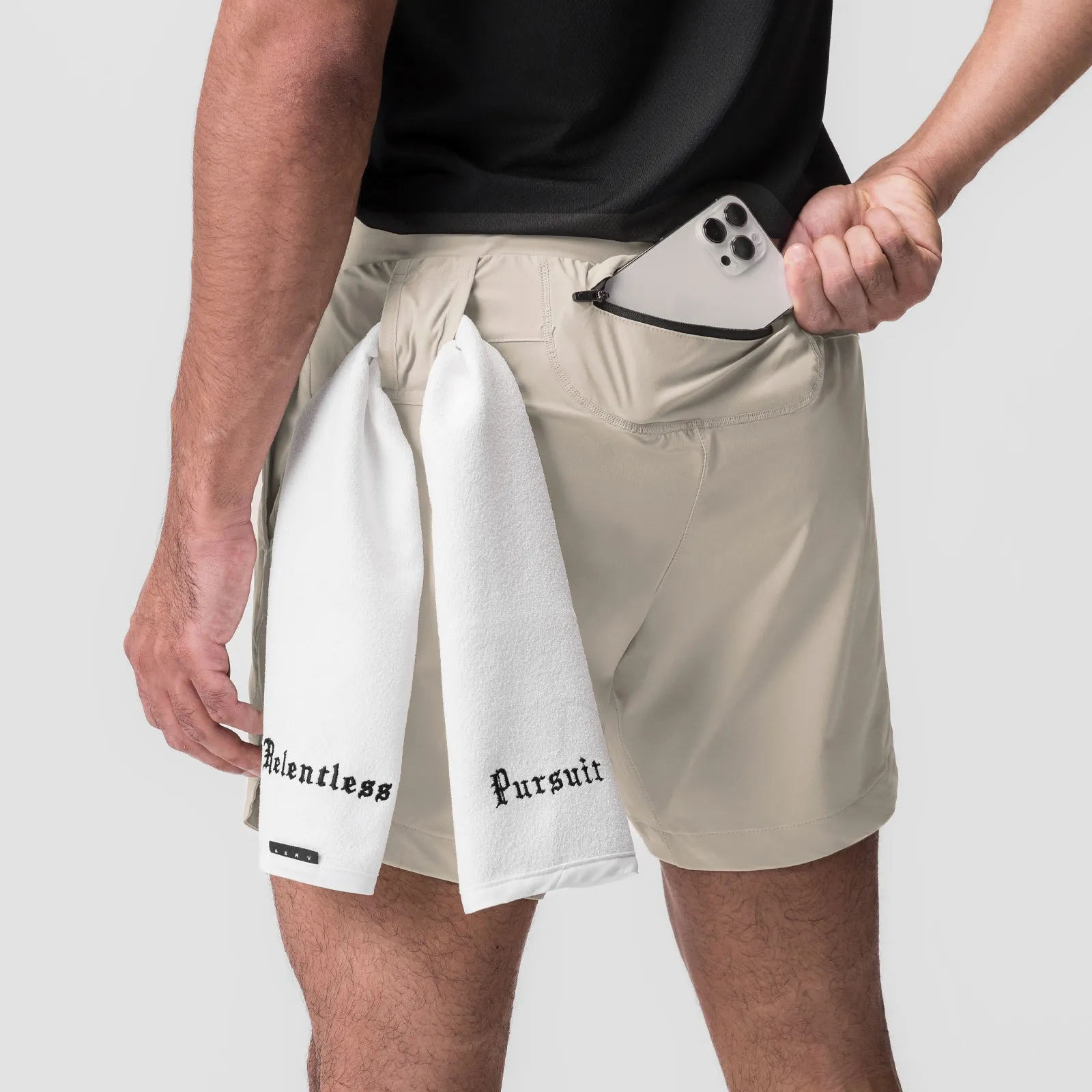 0823. Tetra-Lite? 7" Linerless Short - Sand Smoke "Wings" Smart Fit Stretch Woven Fabric