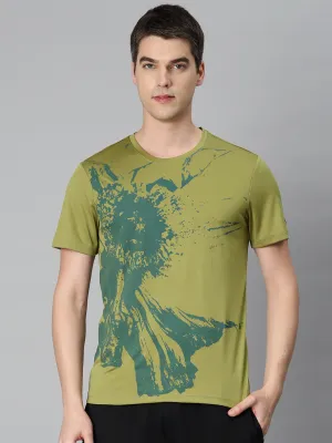 Alcis Men Olive Green Printed Anti Static Slim Fit Sports T-shirt LowProfile Design LowMaintenanceMaterial
