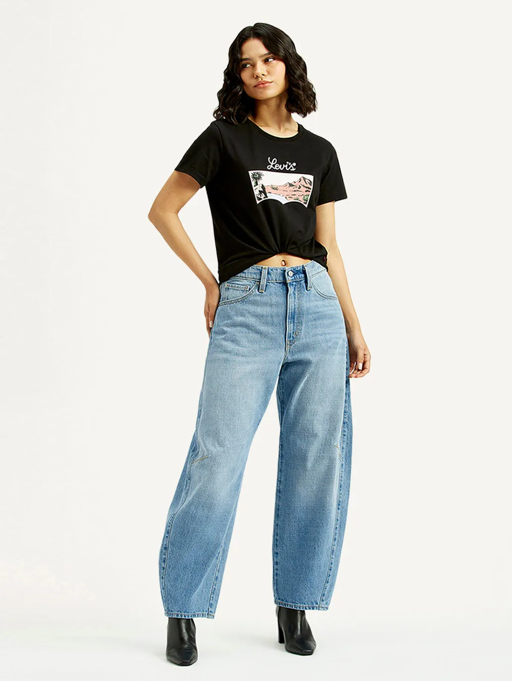 Daily Essentials Neat Look Women's Cinch Light Blue Barrel Loose Fit Mid Rise Jeans
