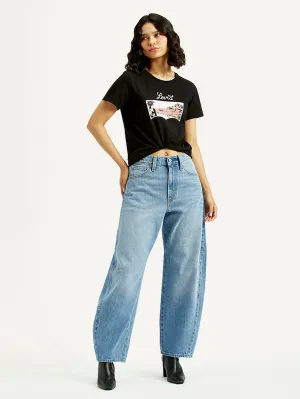 Daily Essentials Neat Look Women's Cinch Light Blue Barrel Loose Fit Mid Rise Jeans