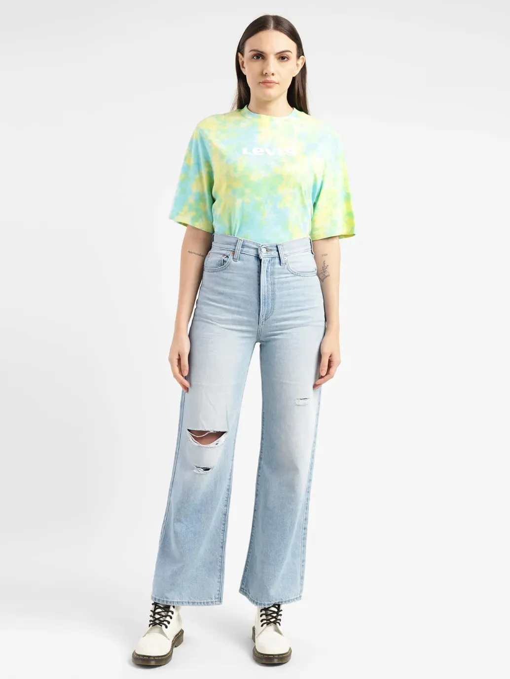 Work Ready Earthy Women's Blue Ribcage Bell Bottom Wide Leg Fit High Rise Jeans