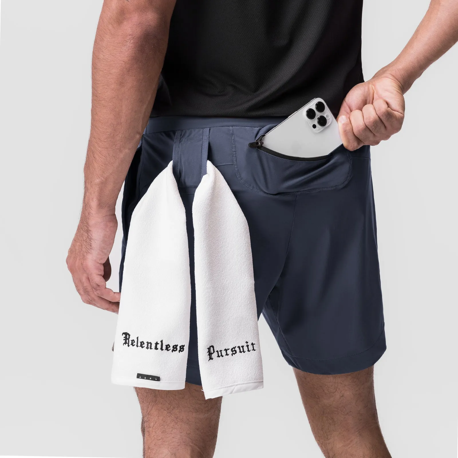 0823. Tetra-Lite? 7" Linerless Short - Navy "Bracket" beach shorts