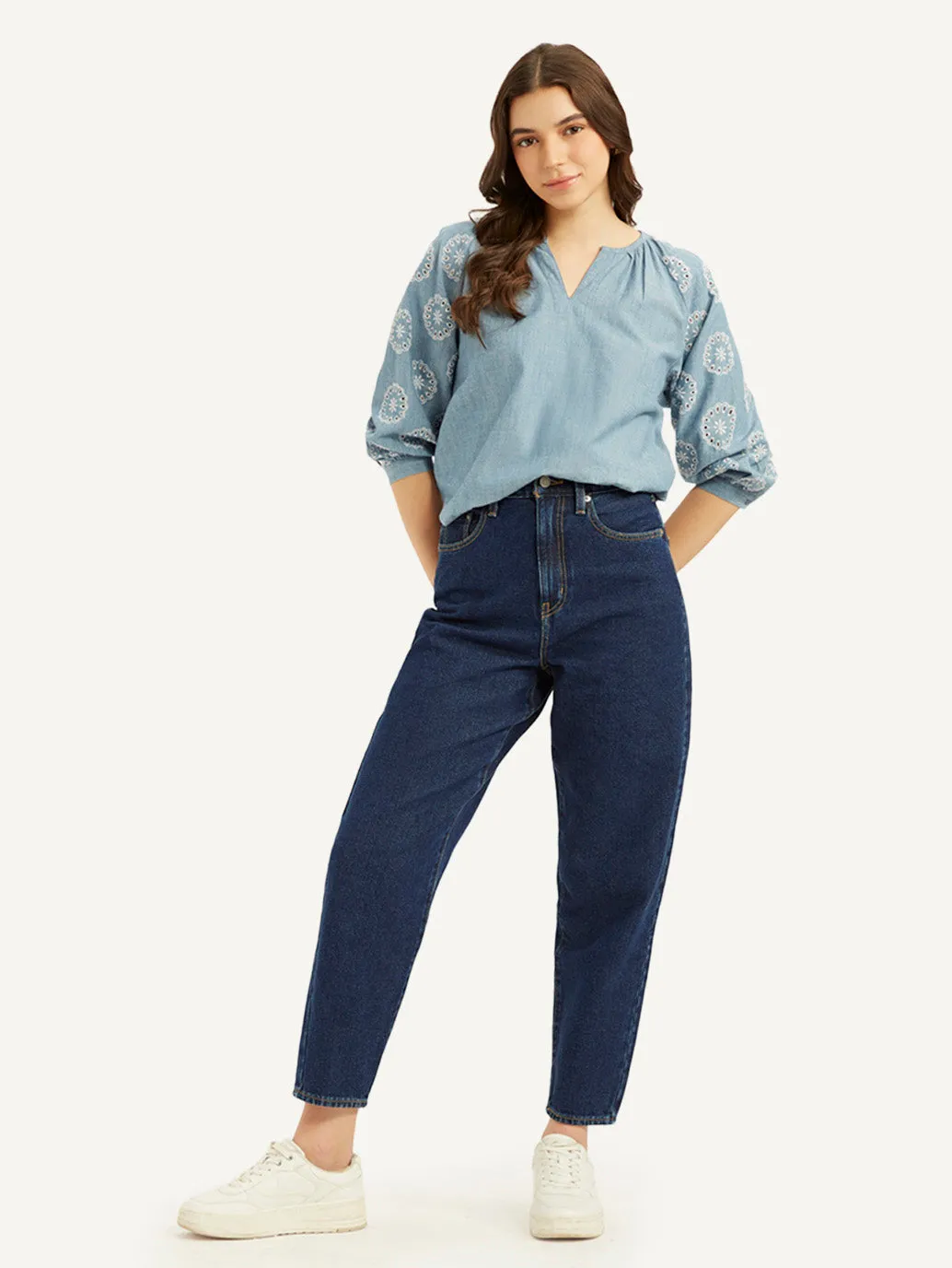 Women's Blue Loose Tapered Fit High Rise Jeans Teen Outfit Nature Lover Unisex Wear Textured Yarn Blends