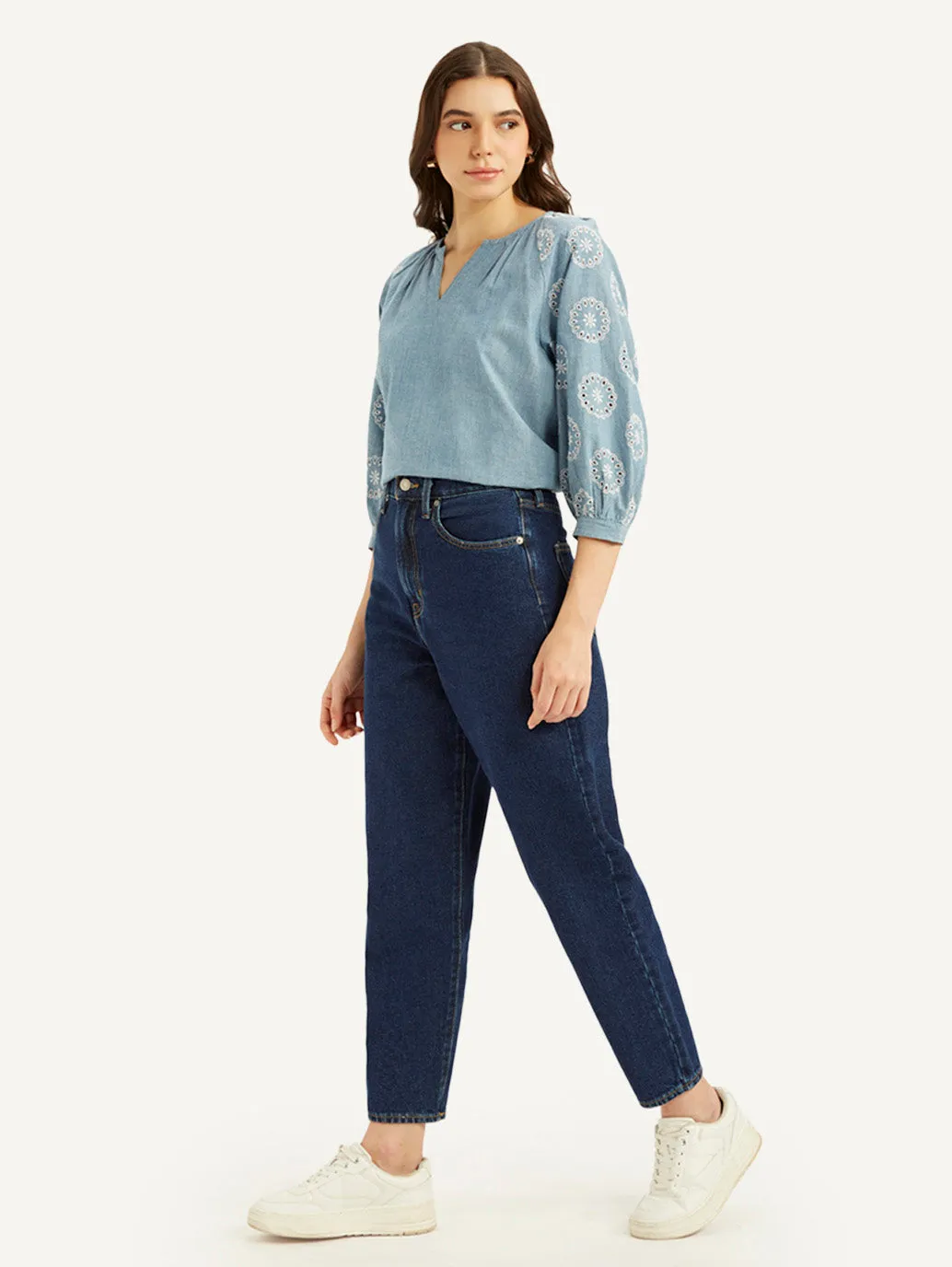 Women's Blue Loose Tapered Fit High Rise Jeans Artist Vibe Travel Outfit Luxury Minimalist