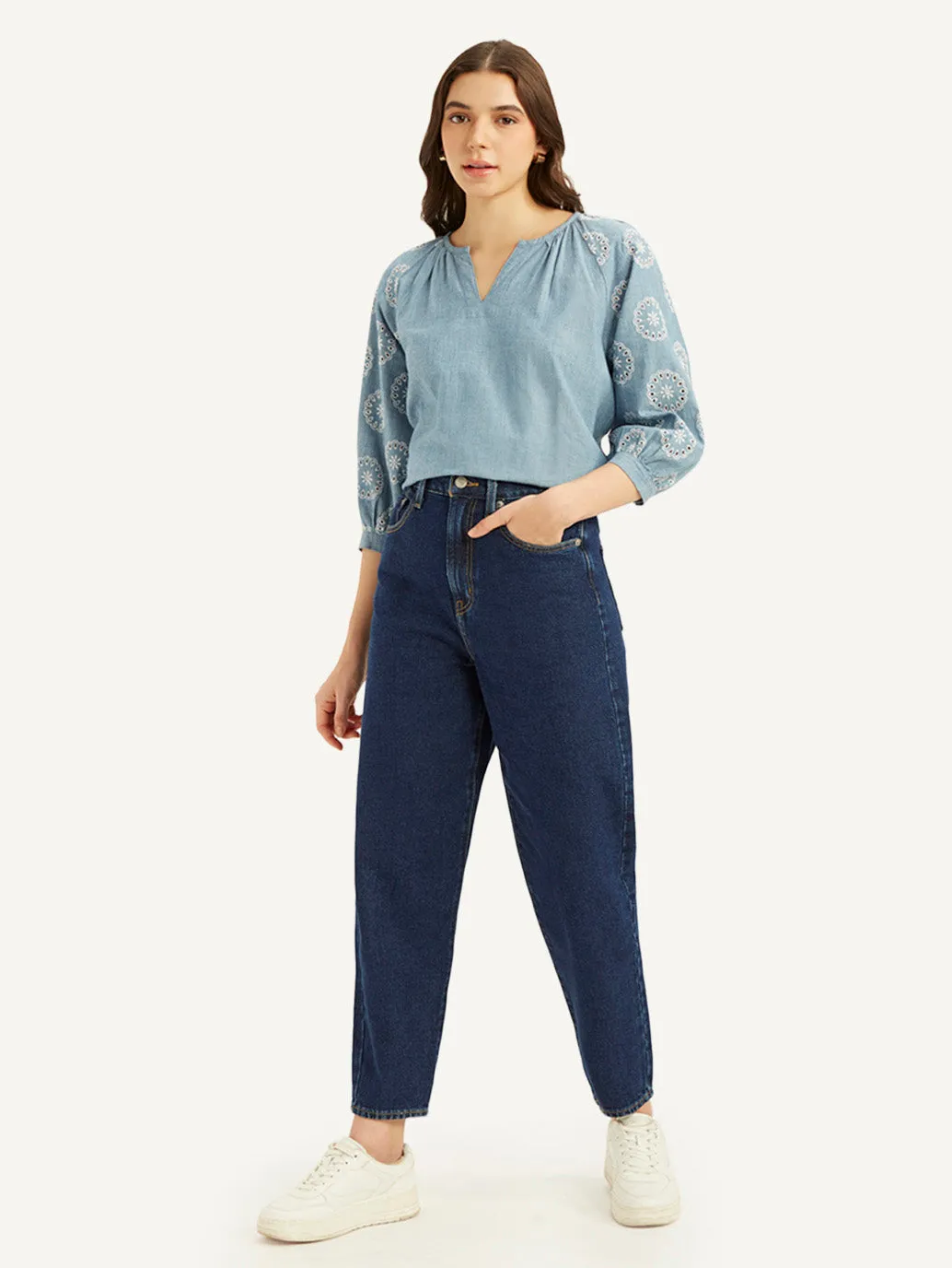 Women's Blue Loose Tapered Fit High Rise Jeans Festival Outfit Date Night Professional Wear
