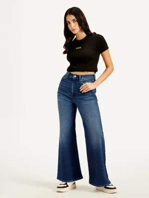 Outdoor Fashion Women's Blue Ribcage Bell Bottom Wide Leg Fit High Rise Jeans