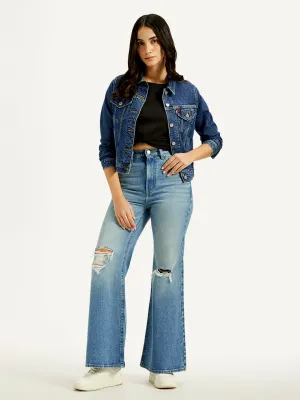 Loose High Quality Morning Stroll Women's Blue Ribcage Bell Bottom Wide Leg Fit High Rise Jeans