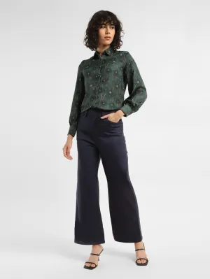 Women's Redloop Navy Blue Ribcage Bell Bottom Wide Leg Fit High Rise Jeans Sporty Look Minimalist Night Out Smooth