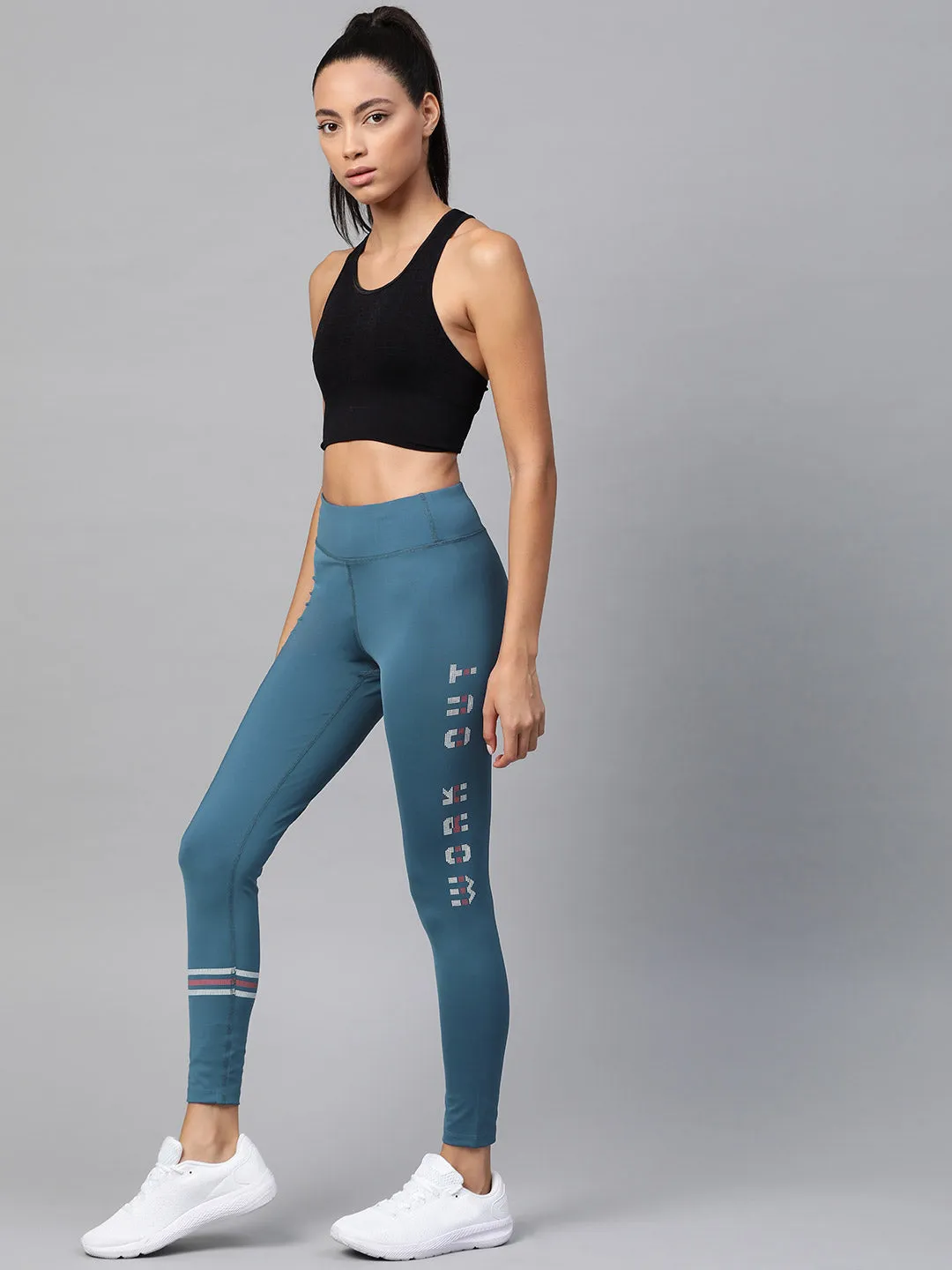 Alcis Women Teal Blue Printed Detail Cropped Tights Indoor Ready