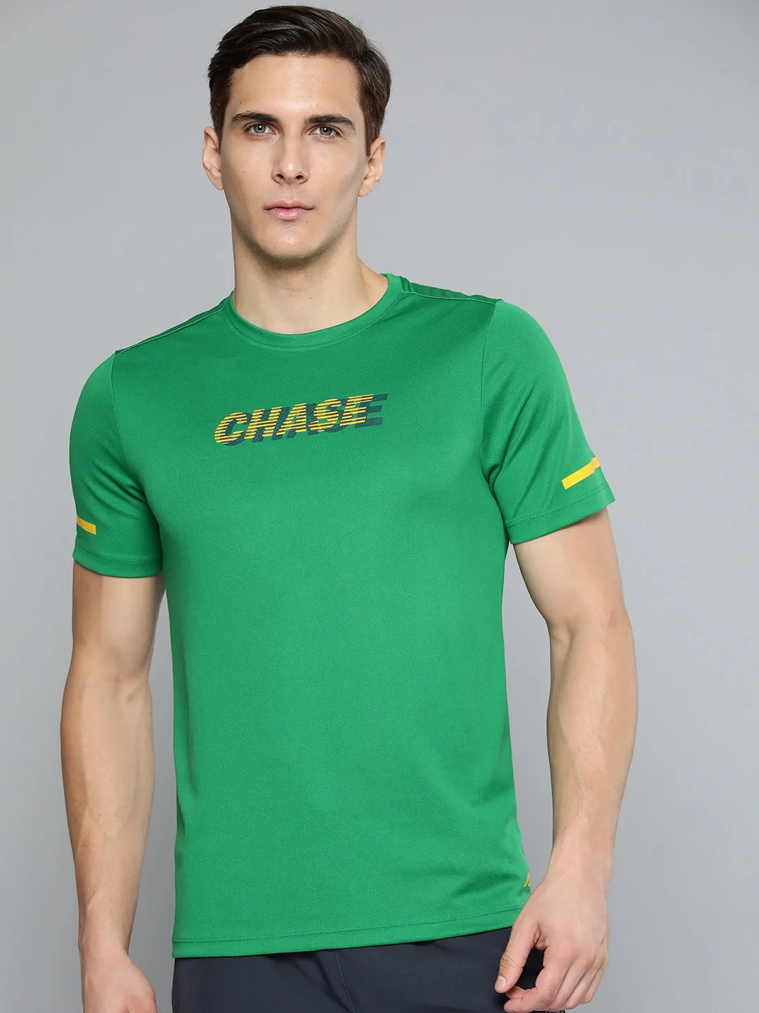 Semi Formal Swim Easy Alcis Men Green Yellow Typography Printed Slim Fit Running T-shirt