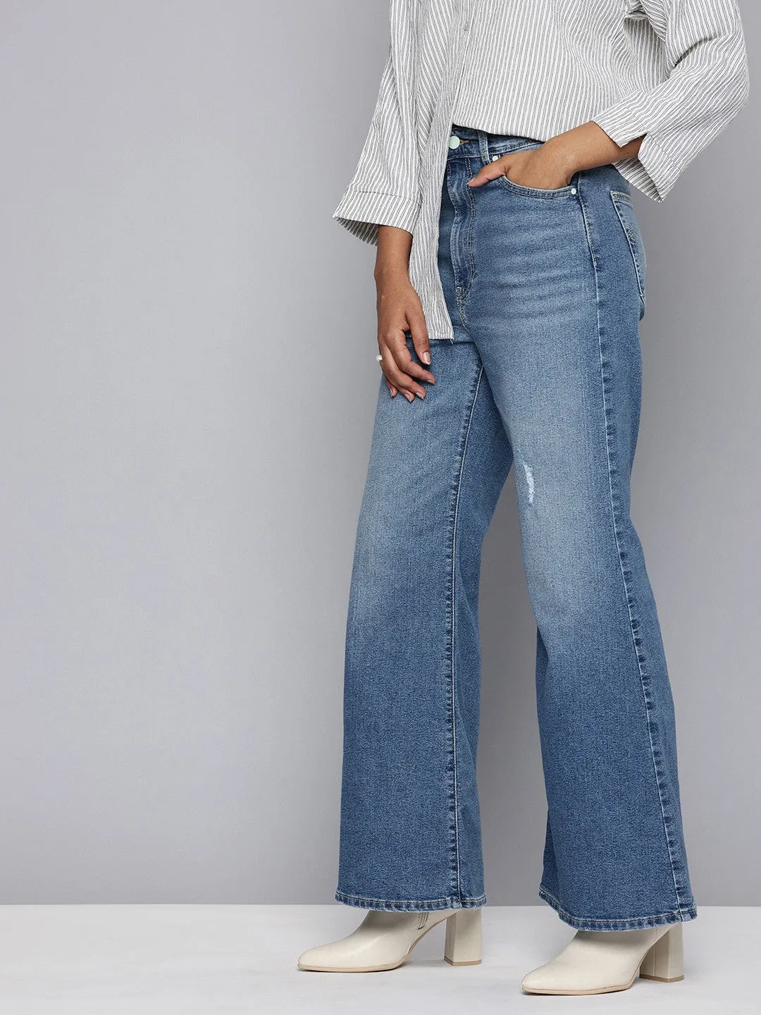 Women's Blue Ribcage Bell Bottom Wide Leg Fit High Rise Jeans Fit Focus Student Outfit Work Ready