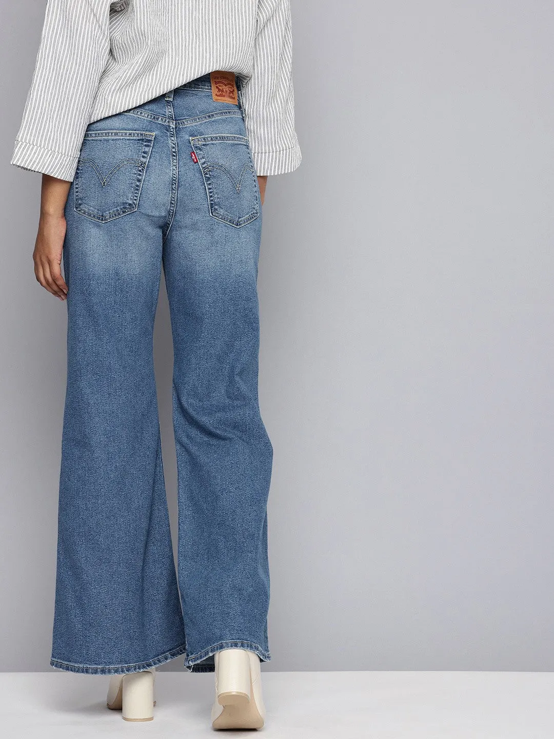 Women's Blue Ribcage Bell Bottom Wide Leg Fit High Rise Jeans Weekend Warrior Elegant