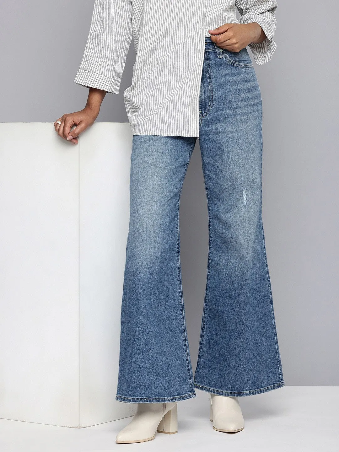 Minimal Edge Women's Blue Ribcage Bell Bottom Wide Leg Fit High Rise Jeans