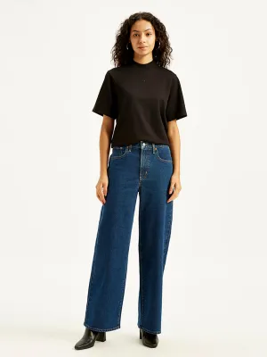 Women's Navy Blue Wide Leg Fit High Rise Jeans Raw Hem Design Vibrant Formal