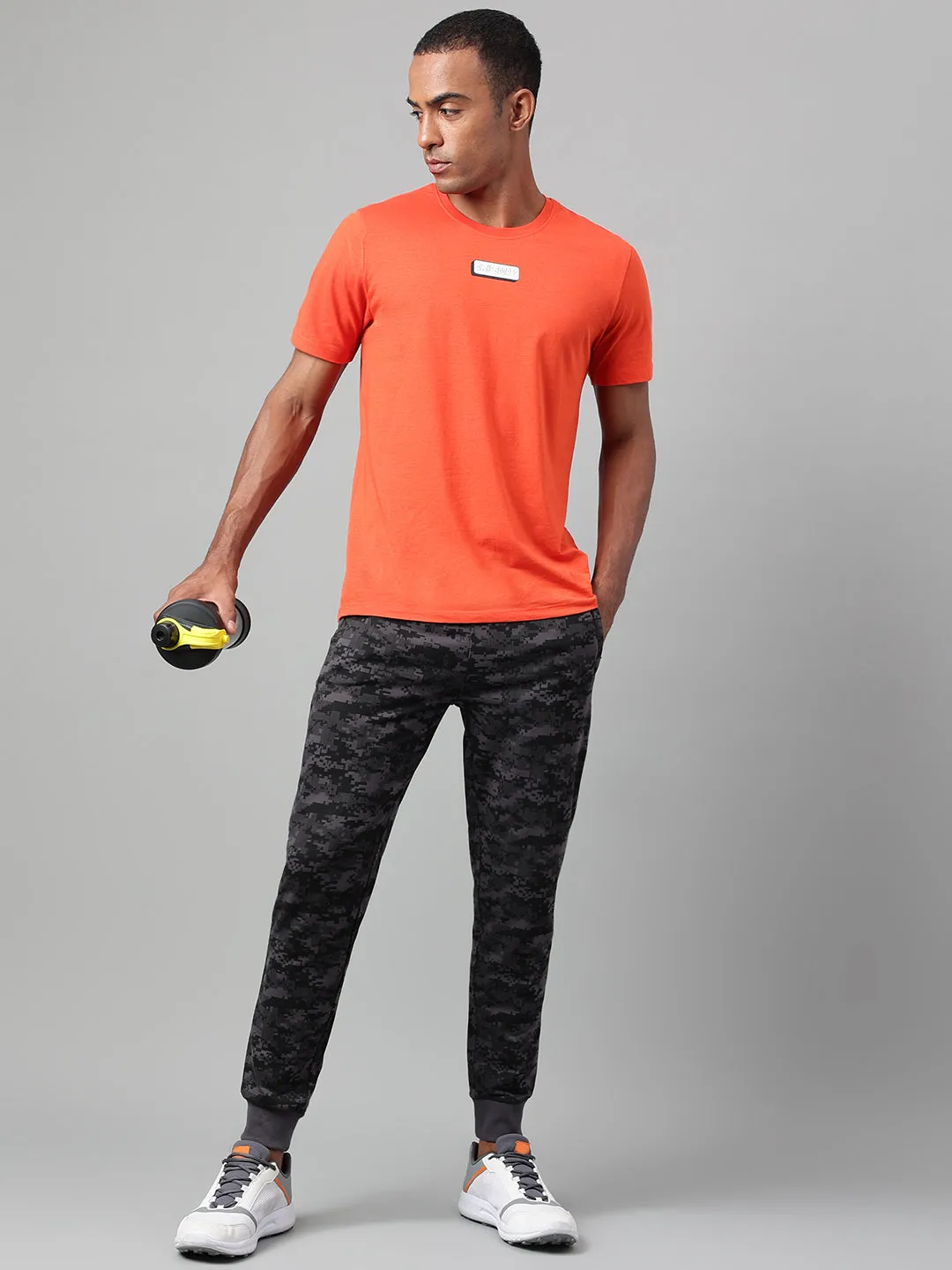 Alcis Men's Printed Orange Soft-Touch Regular-Fit Athleisure T-Shirt QuickDryMaterial FrictionReducing Lining