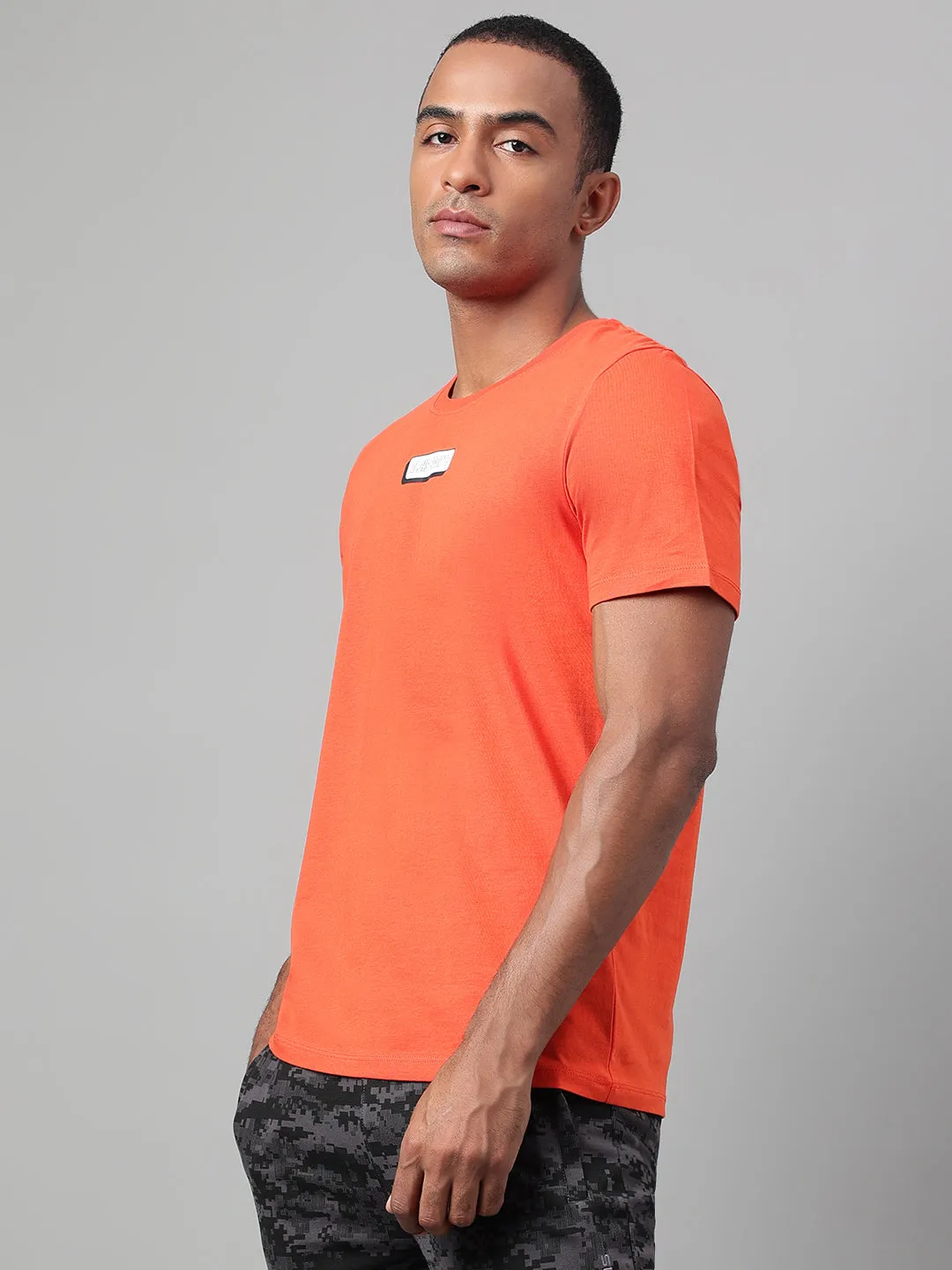 Alcis Men's Printed Orange Soft-Touch Regular-Fit Athleisure T-Shirt Flatlock stitching