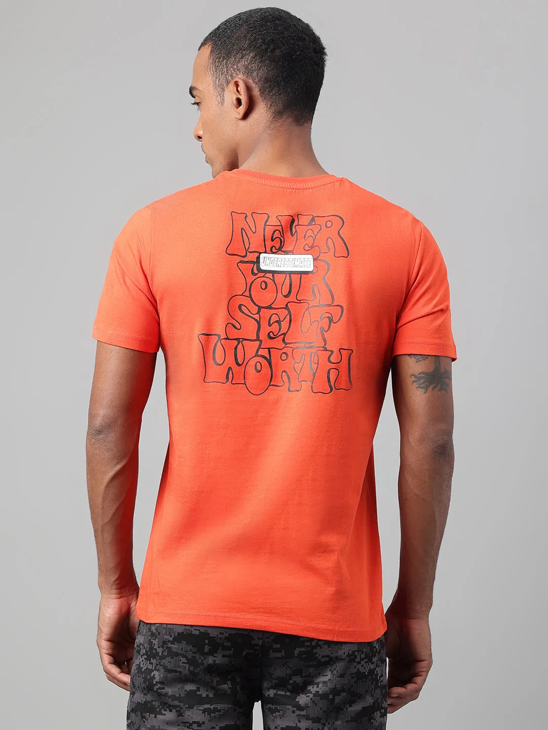 Alcis Men's Printed Orange Soft-Touch Regular-Fit Athleisure T-Shirt Spring Glow