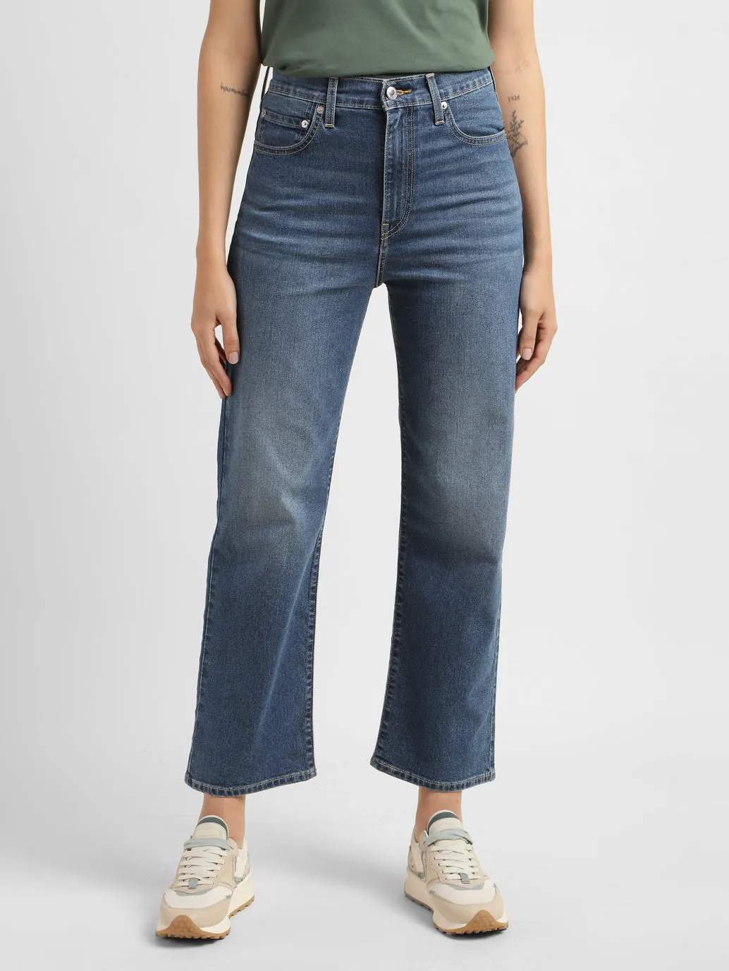 Women's Blue Ribcage Straight Fit Mid Rise Jeans Fashion Forward Minimalist Trendy Everyday