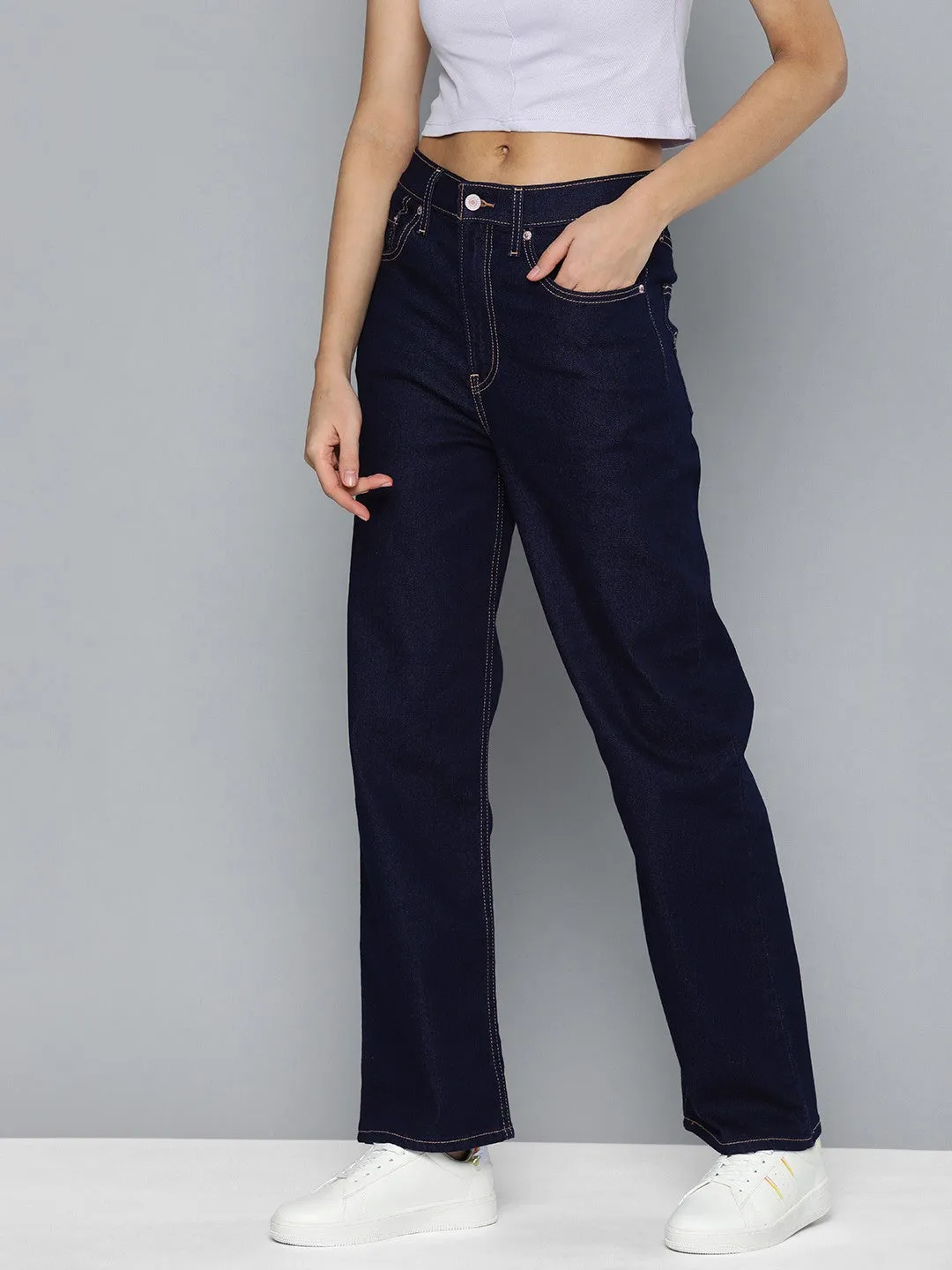 Women's Navy Blue Ribcage Straight Fit High Rise Jeans Weekend Style Casual Parent Style Base Comfort