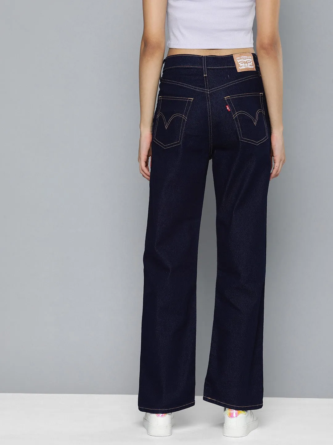 Adjustable Belt Loops Women's Navy Blue Ribcage Straight Fit High Rise Jeans