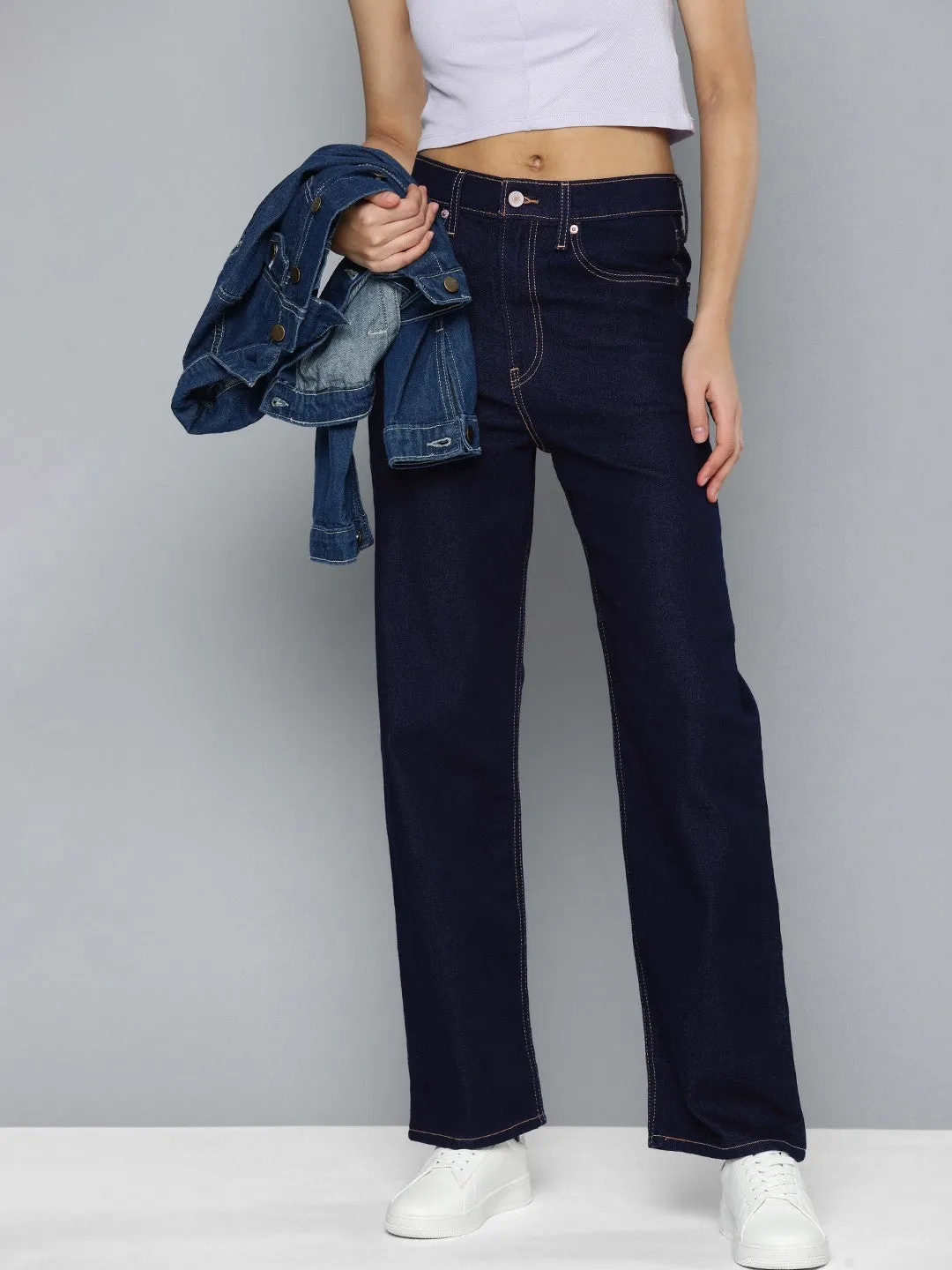 Women's Navy Blue Ribcage Straight Fit High Rise Jeans Riveted Stress Points