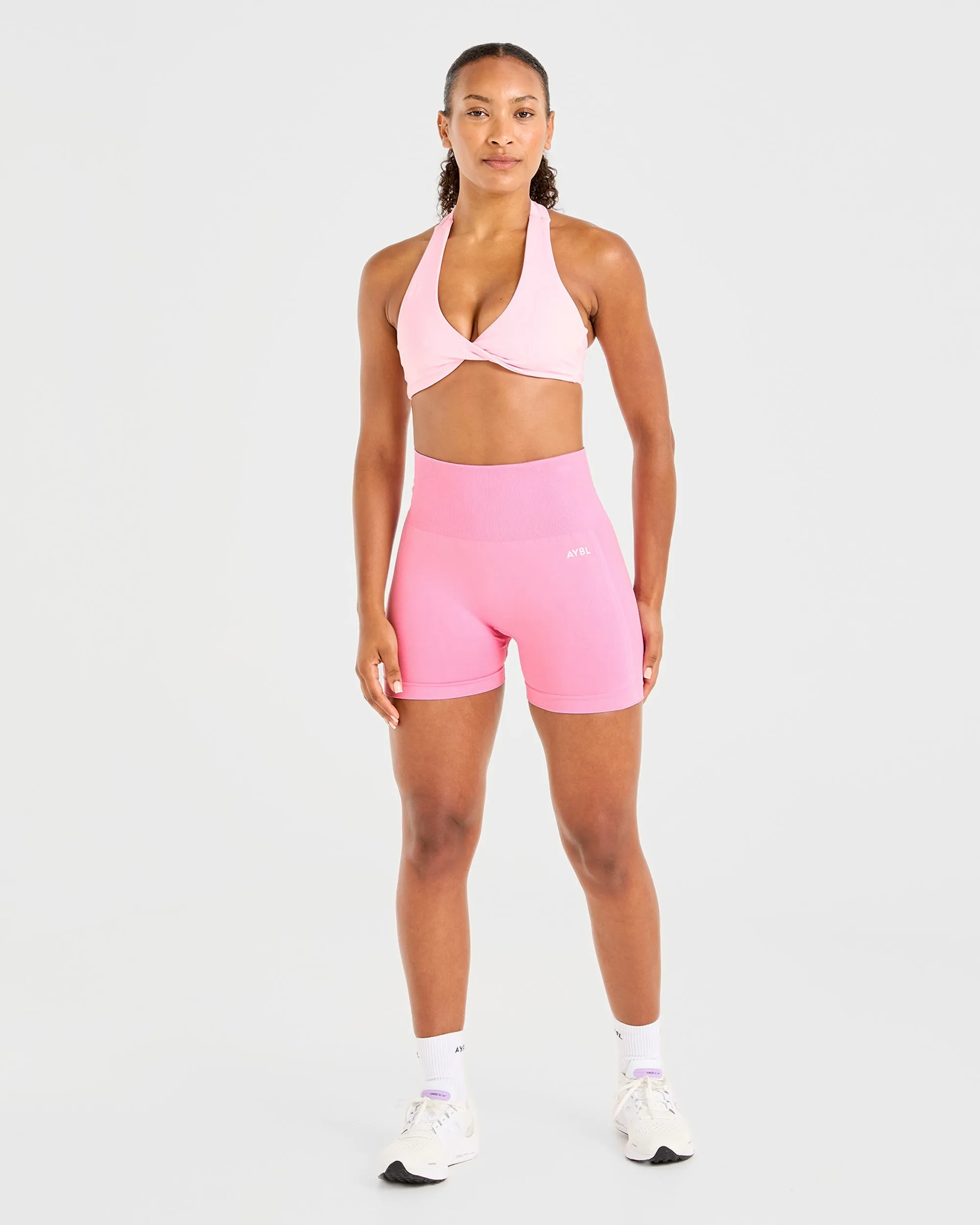 Non-Slip Fabric Heat-sealed seams Essential Halterneck Sports Bra - Baby Pink