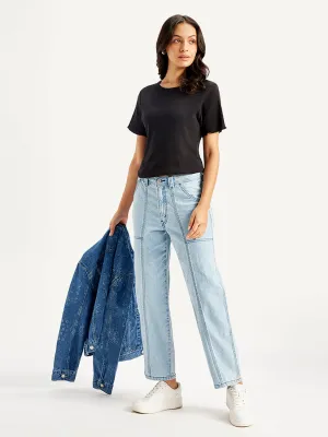 Women's Blue Baggy Fit High Rise Carpenter Jeans Streetwear Mood