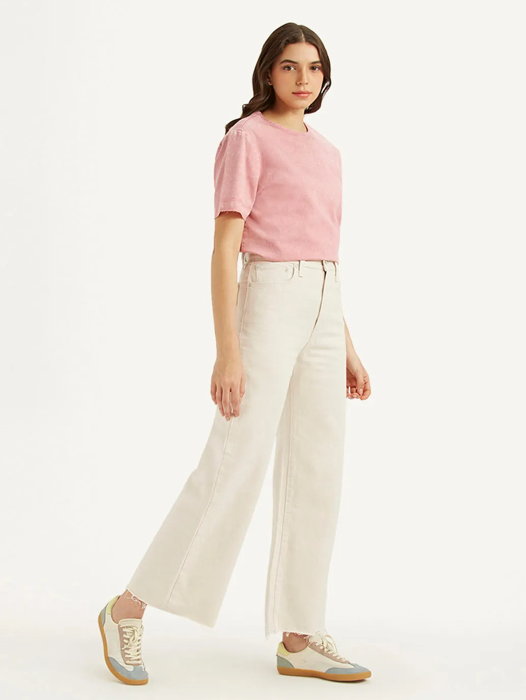 Women's Cream Ribcage Bell Bottom Wide Leg Fit High Rise Jeans Cool Day Look Night Out Everyday Holiday Vibes