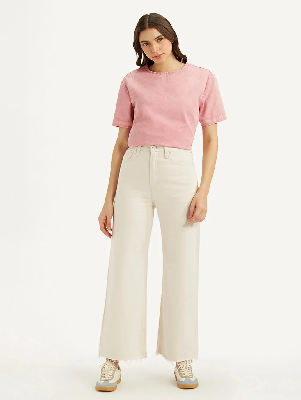 Women's Cream Ribcage Bell Bottom Wide Leg Fit High Rise Jeans Function Fit