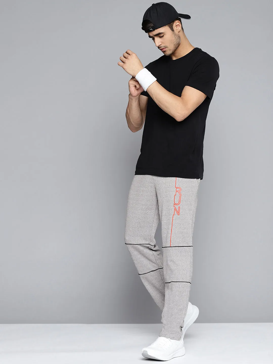 Alcis Men Grey Melange Printed Slim Fit Track Pants Low Profile Fasteners Tapered ankle
