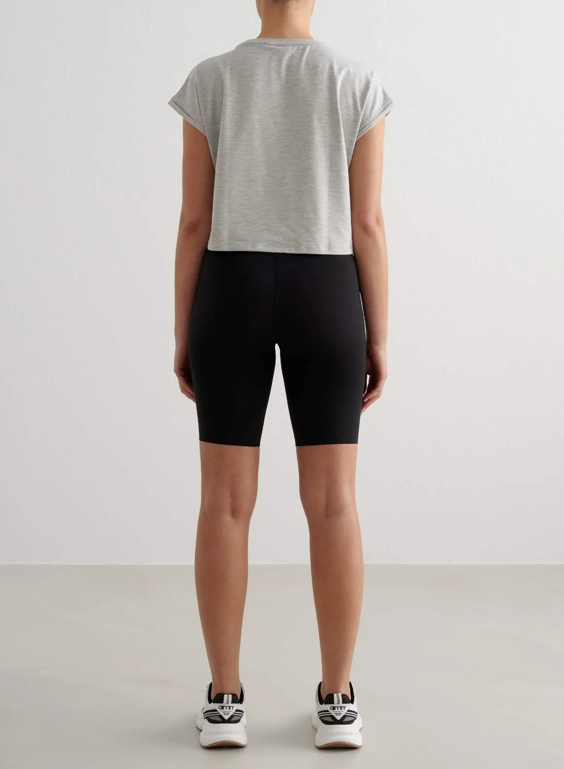 Grey Melange Soft Basic Roll Sleeve Top Geometric Pattern