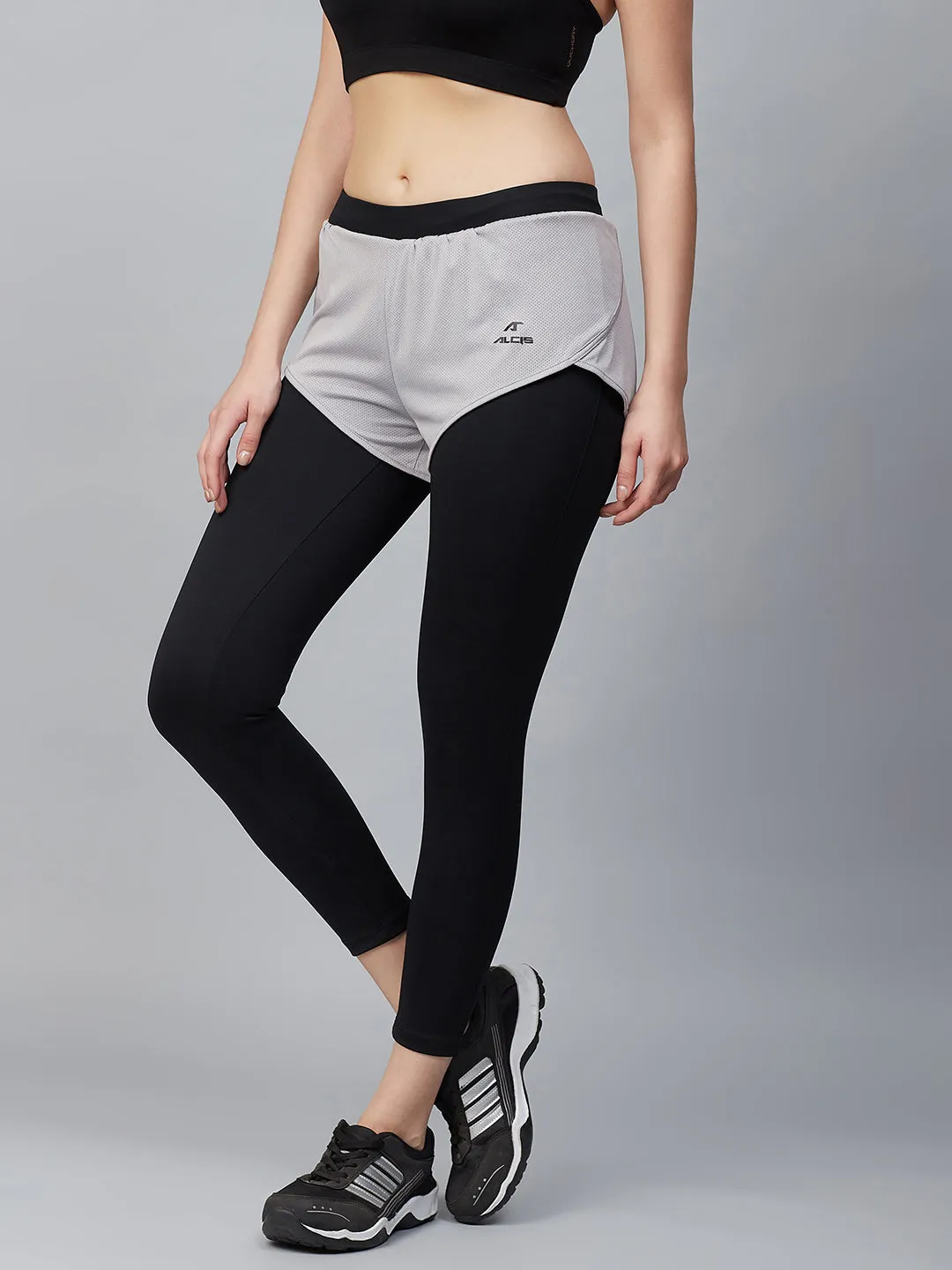 Alcis Women Black & Grey Colourblocked Cropped Running Tights Cozy Touch Dry Fit
