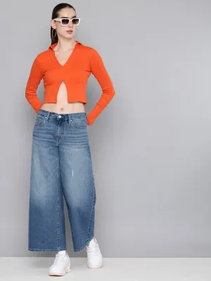 Morning Stroll Music Event Office Wear Women's 94 Blue Baggy Wide Leg Fit Mid Rise Jeans