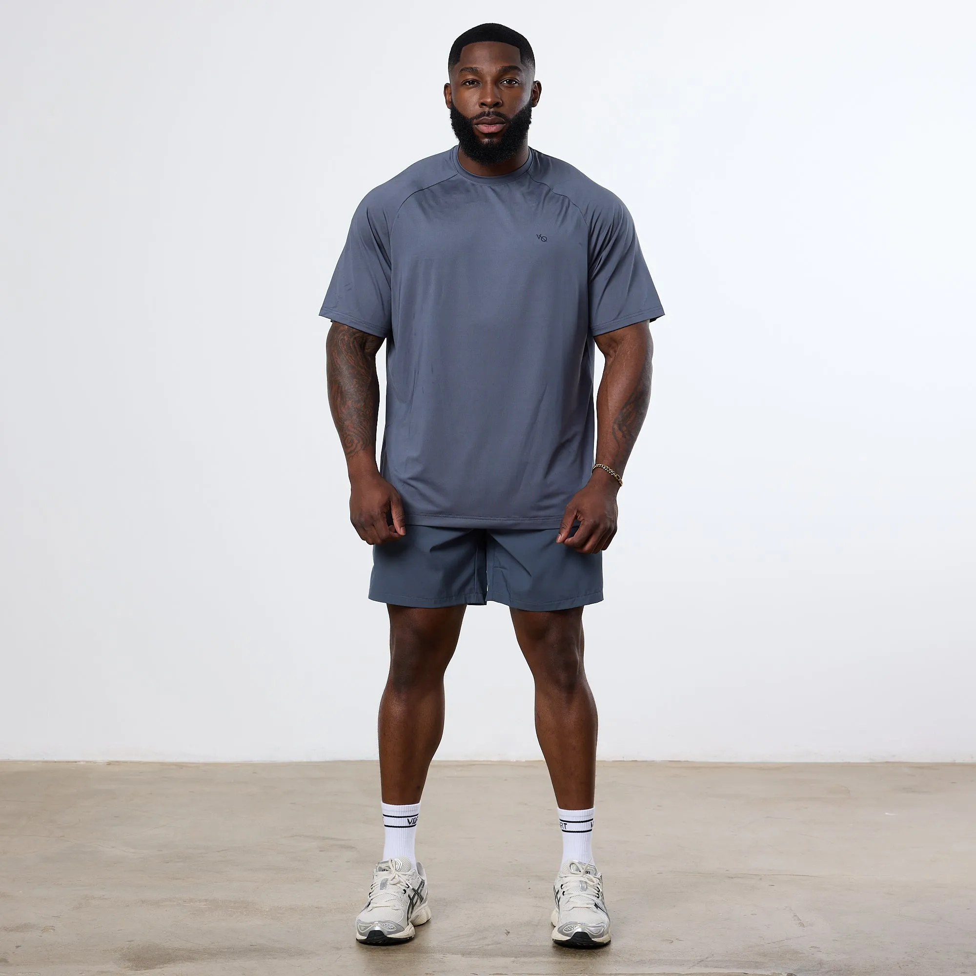 Vanquish Essential Denim Blue Performance Oversized T Shirt Tear Resistant Knit Ribbed collar