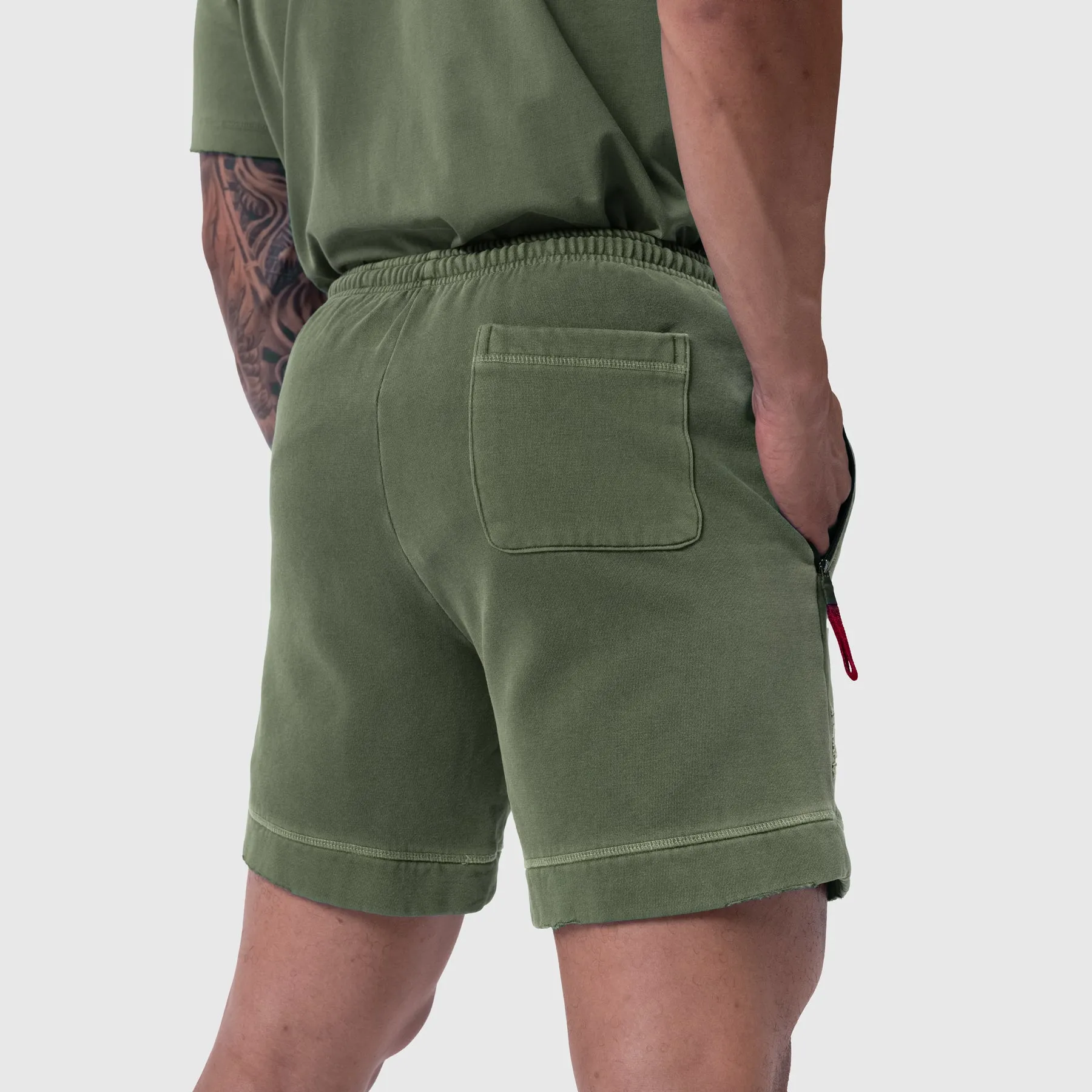 0921. Tech Essential? Sweat Short - Faded Olive Flatlock Seams