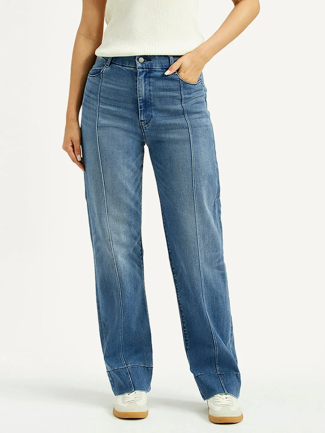 Women's Redloop Blue Ribcage Straight Fit High Rise Jeans Loose Textured Travel Outfit