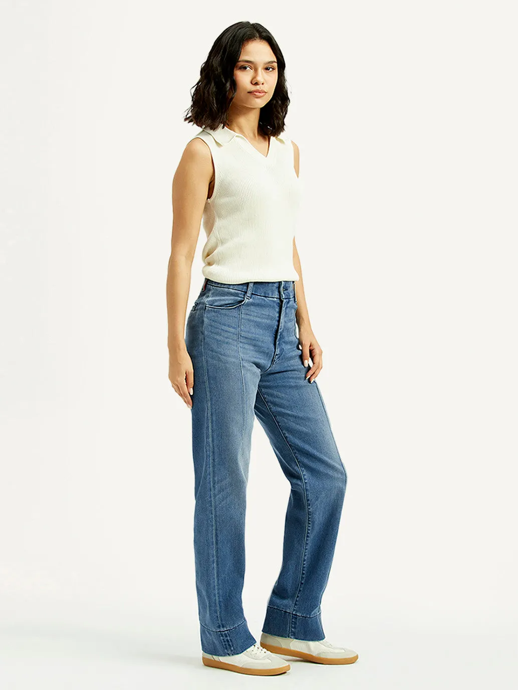 Women's Redloop Blue Ribcage Straight Fit High Rise Jeans Flexible Design Formal Classic Wear Loose