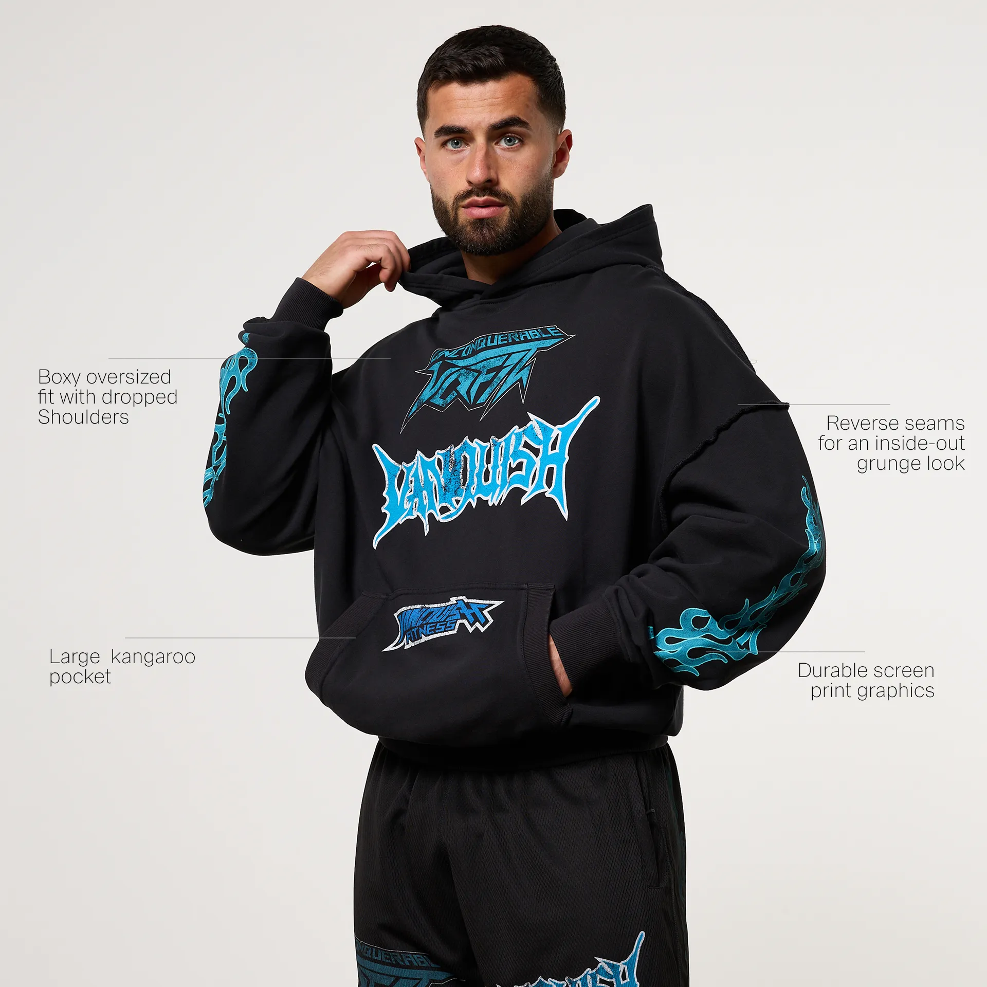 Tagless Labeling autumn clothing Vanquish Grunge Washed Black Oversized Pullover Hoodie