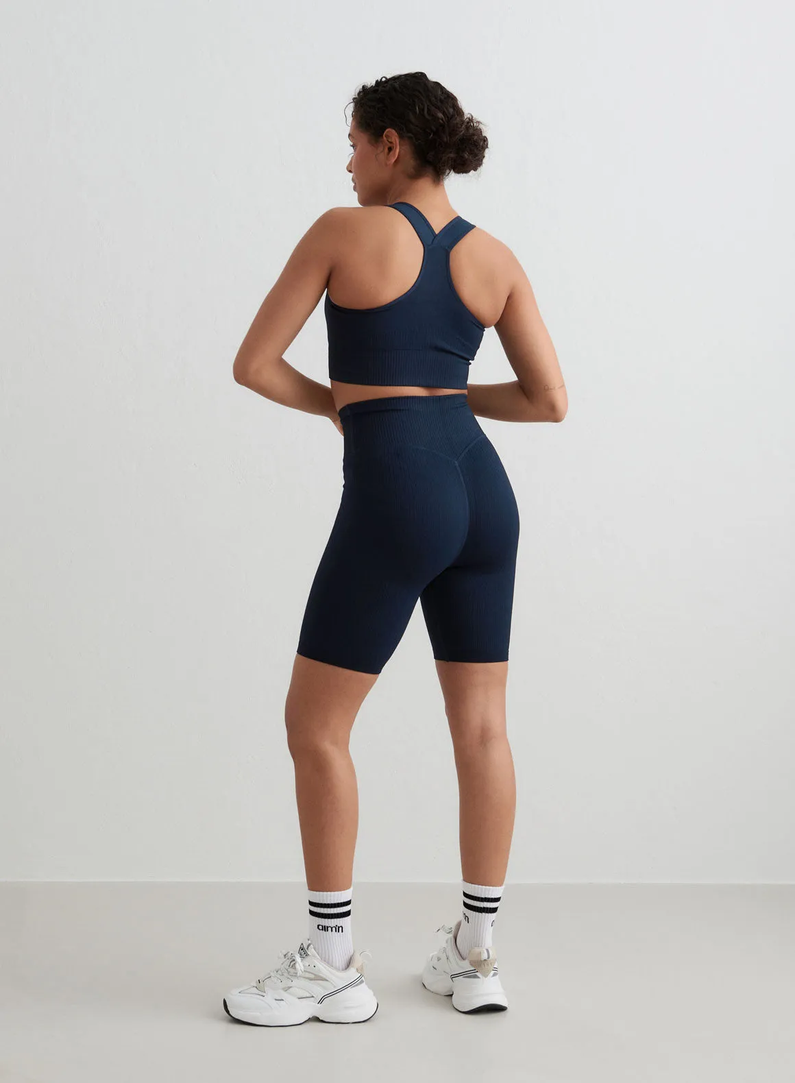 Flexible Waistband Flexible Waistline Navy Ribbed Biker Shorts