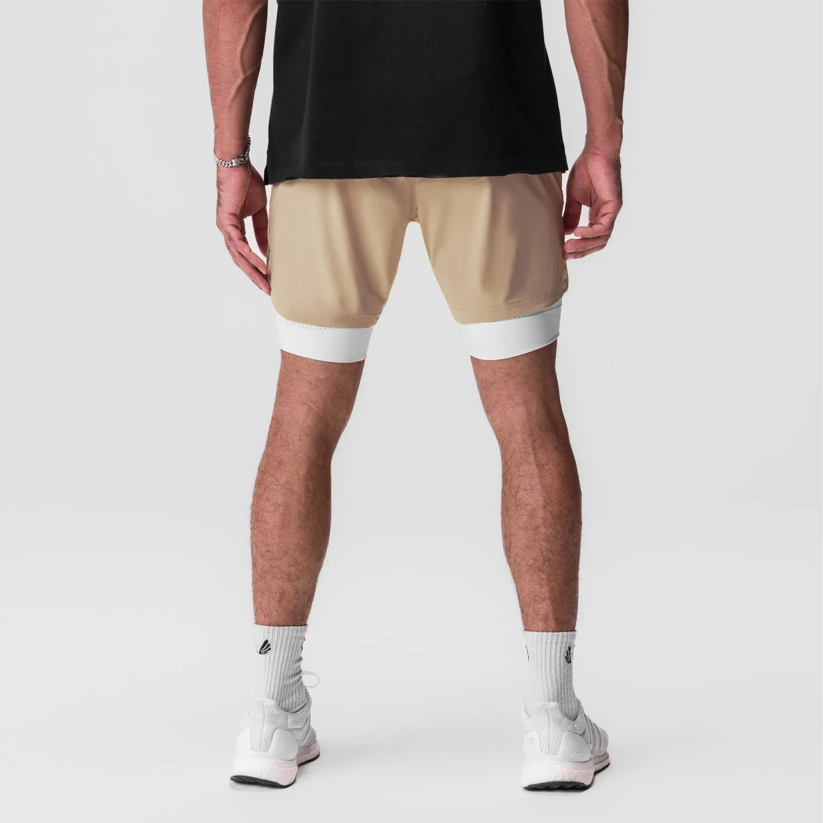 0866. Tetra-Lite? 7" Liner Short - Khaki/ White / White "Wings" Sweat Wicking Fabric Preppy Style
