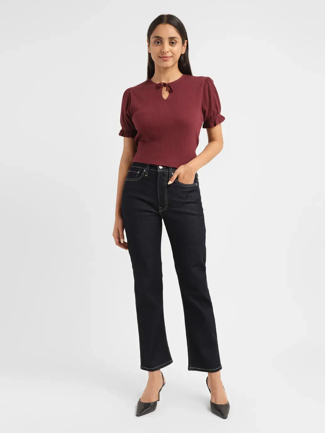 Women's Blue Wedgie Straight Fit High Rise Jeans Stain Release Finish Minimalist Style Festival Outfit Loose