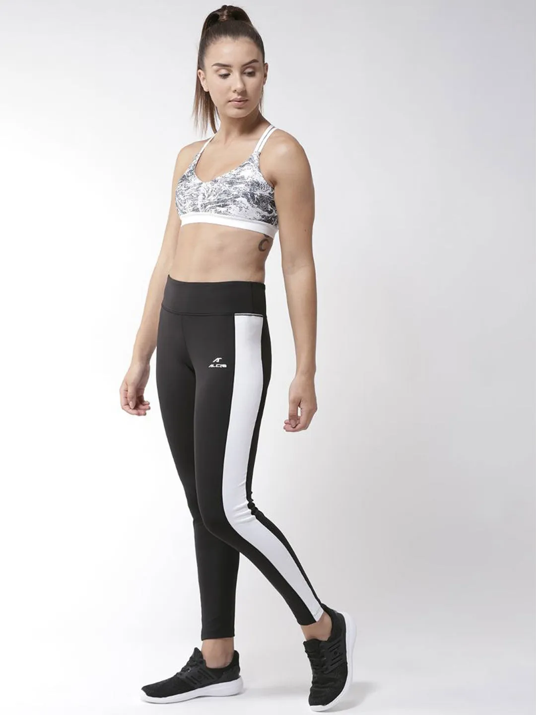 Alcis Women Black White Solid Tights Essential Piece