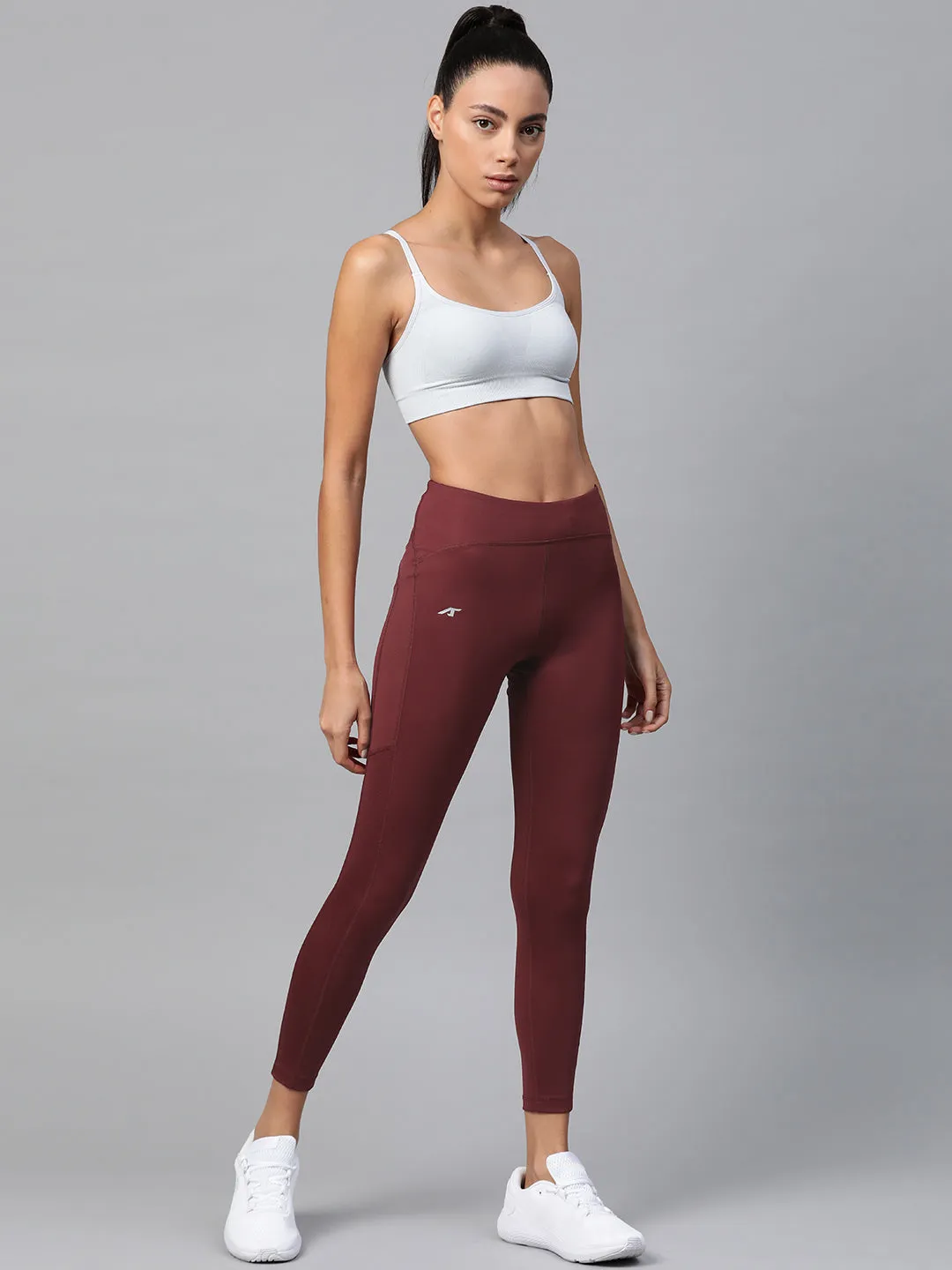 Alcis Women Burgundy Solid Cropped Tights Active Lifestyle Morning Jog Comfort Seeker Double Layer