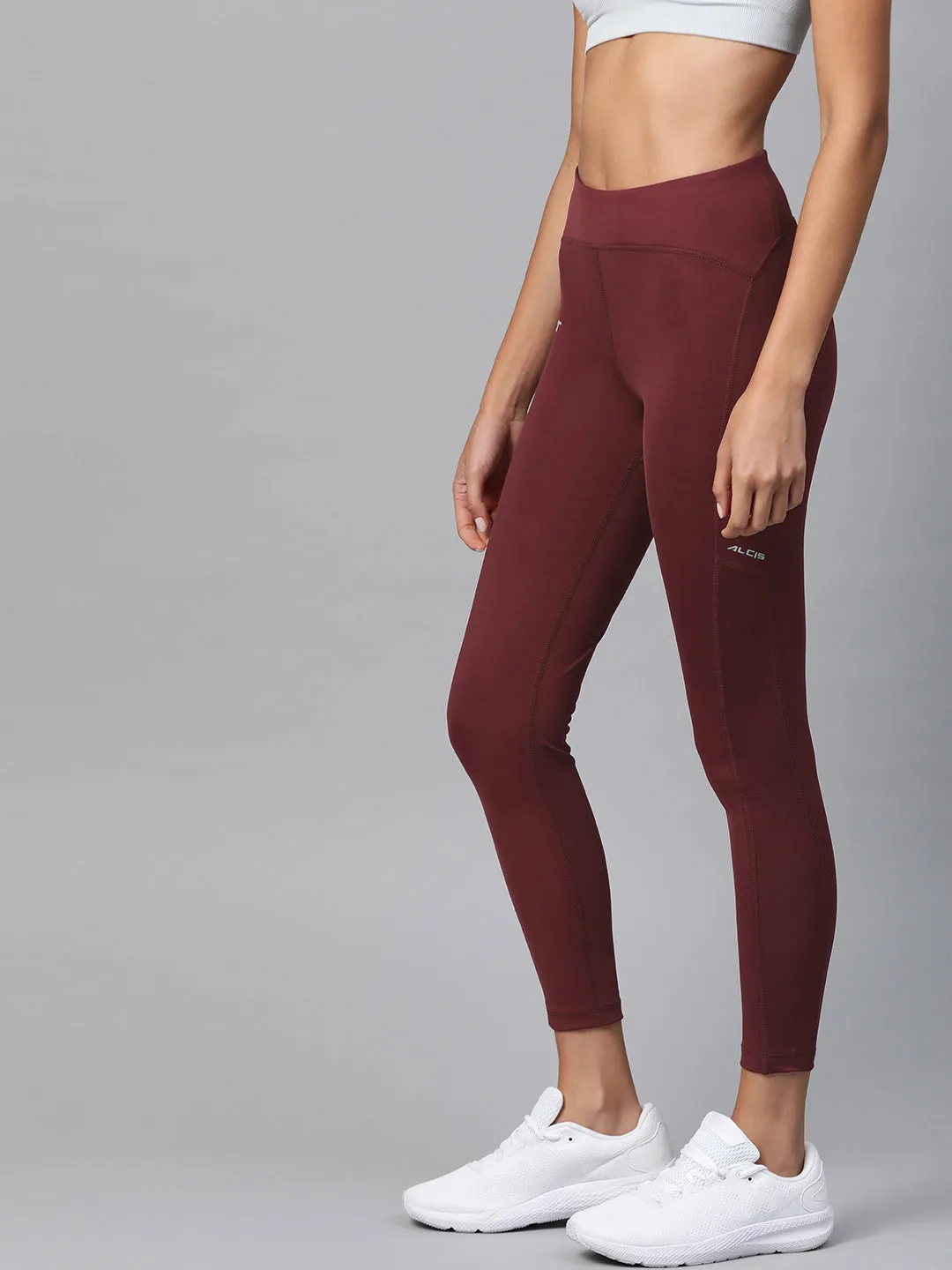Figure Hug Work Commute Breathable Fabric Alcis Women Burgundy Solid Cropped Tights
