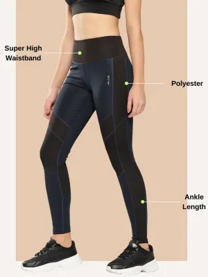 Alcis Women Teal Blue & Black Colourblocked Tights Breathable mesh