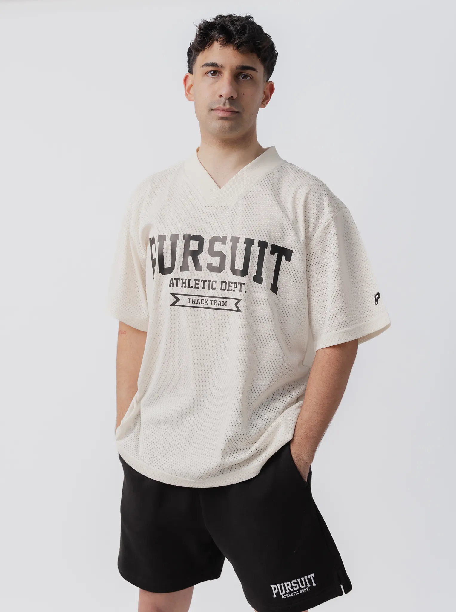 simple design Elastic hem Varsity Mesh Jersey in Bone