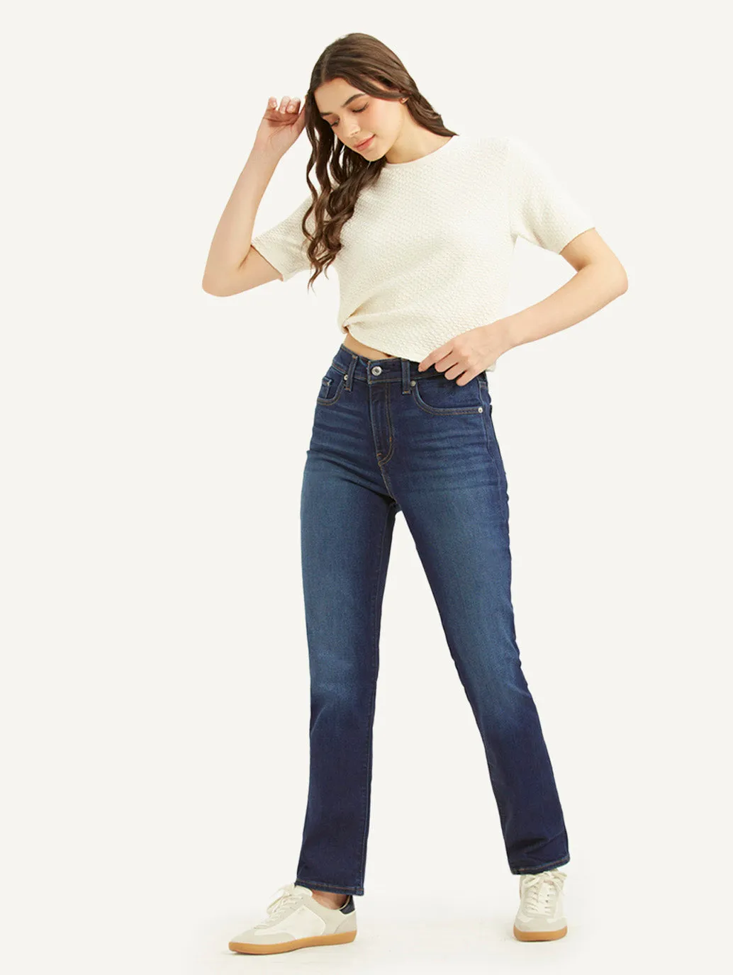 Travel Outfit Trendy High Quality Women's 724 Dark Blue Straight Fit High Rise Jeans